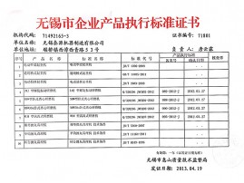 無錫市企業(yè)產品執(zhí)行標準證書 